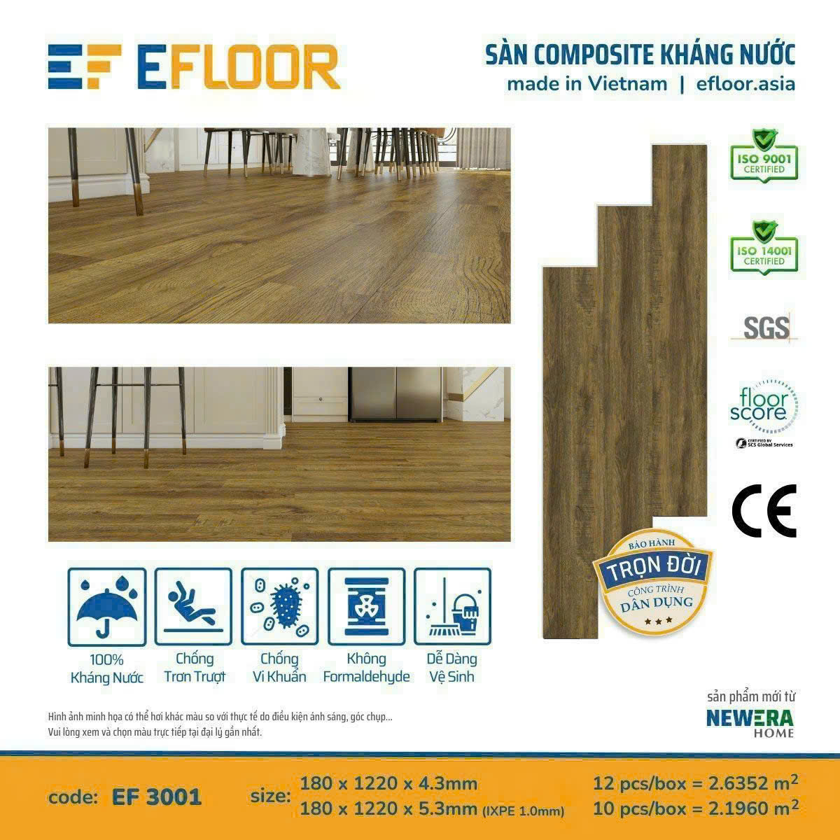 Sàn Nhựa Hèm Khóa Giả Gỗ SPC 4MM EFloor-2001