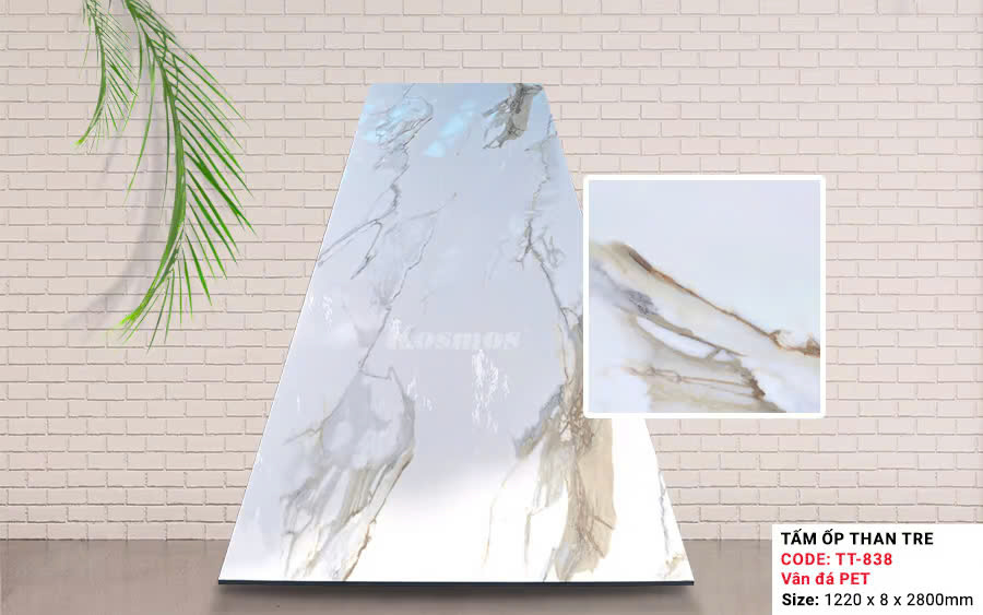 Tấm Ốp Than Tre Kosmos Vân Đá Mây Ánh Vàng TT-838 PET